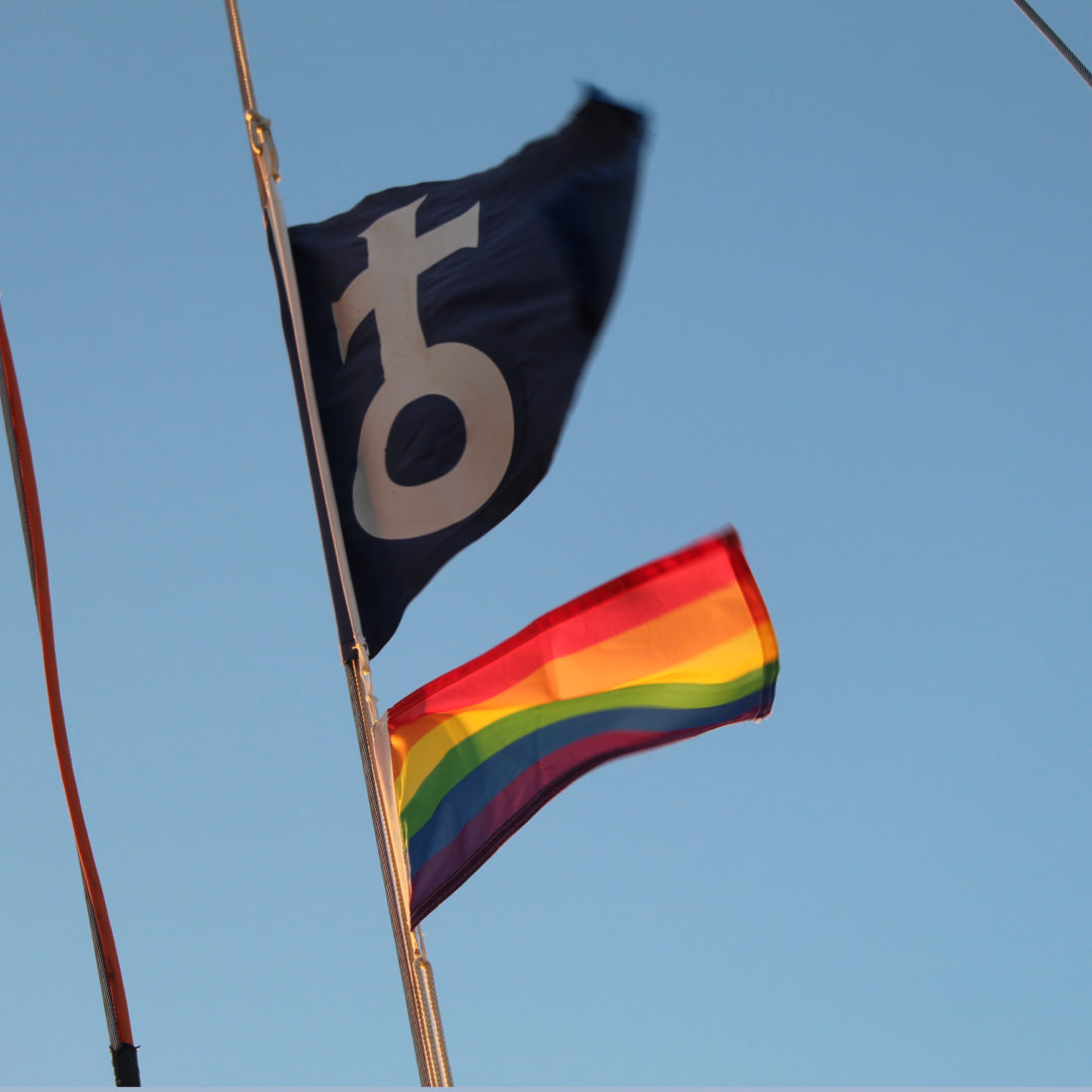 Der Effa-Stander und die Regenbogenflagge wehen im Wind